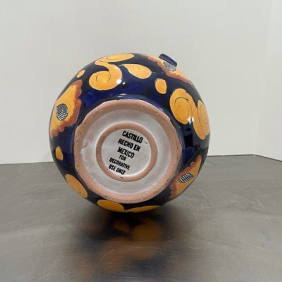 Castillo Hecho En Mexico Handmade Handled Urn Pot Red Clay Cobalt Yellow Flowers - Picture 6 of 6